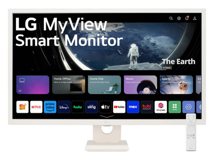 LG MyView 32SR50F-W Smart Monitor, 32" IPS Display, FHD Resolution, 60Hz Refresh Rate, 8ms (typ) Response Time, webOS, ThinQ Home Dashboard, Wi-Fi & Bluetooth Connectivity, White | 32SR50F-W