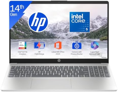 HP (Upgraded) 15, Intel Core 5-120U (16GB DDR4, 512GB SSD) FHD, Anti-Glare, Micro-Edge, 15.6/39.6cm, Win11, M365 Basic(1yr), Office Home24, Silver,1.59kg, FHD Camera w/privacy shutter