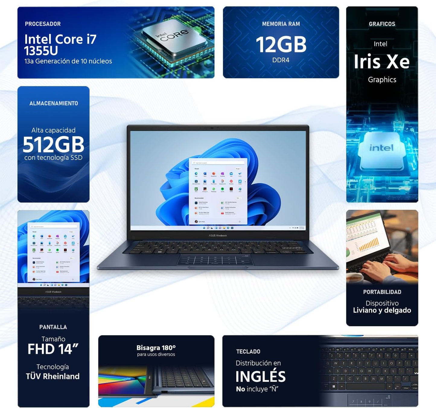ASUS  Vivobook 14 14" FHD Laptop, Intel Core i7-1355U, 1.7GHz, 12GB RAM, 512GB SSD, Windows 11 Home, Intel UHD Graphics, Wi-Fi5, Bluetooth, Quiet Blue, X1404VA-I712512