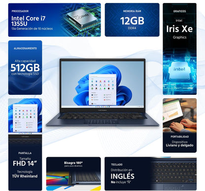 ASUS  Vivobook 14 14" FHD Laptop, Intel Core i7-1355U, 1.7GHz, 12GB RAM, 512GB SSD, Windows 11 Home, Intel UHD Graphics, Wi-Fi5, Bluetooth, Quiet Blue, X1404VA-I712512