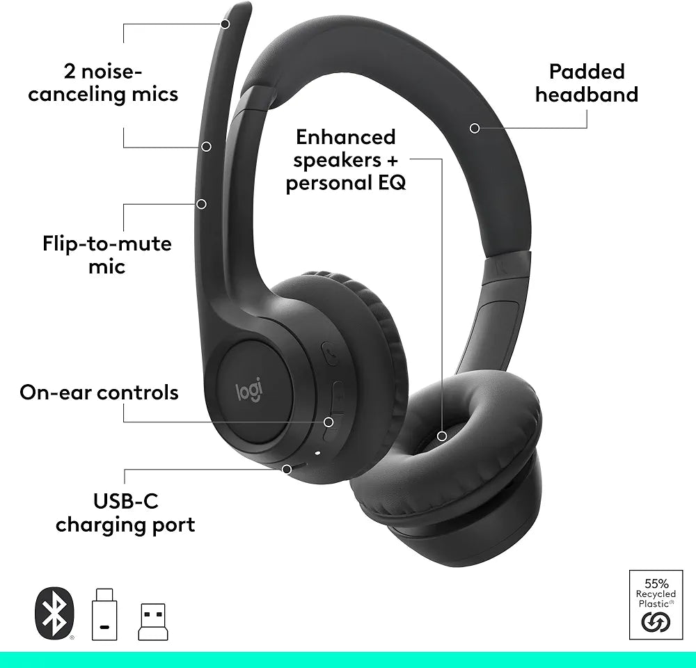 Logitech Zone 305 for Business, Wireless Bluetooth Headset with Microphone, for Google Meet, Google Voice, Zoom, Compatible with Windows, Mac, Chrome, Linux, iOS, iPadOS, Android