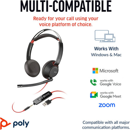 Poly Blackwire 5220 Stereo USB-C Headset, 32mm Driver Size, Omnidirectional Microphone Style, 3.5mm Plug + USB-C & USB-A Adapter Connectivity, Black | 8X231AA