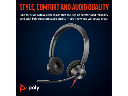 Poly Blackwire 3320 Stereo Microsoft Teams Certified USB-C Headset +USB-C/A Adapter, Noise cancelling Microphone | 8X220AA