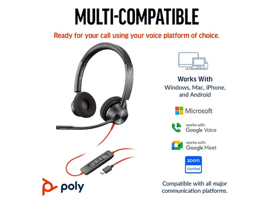 Poly Blackwire 3320 Stereo Microsoft Teams Certified USB-C Headset +USB-C/A Adapter, Noise cancelling Microphone | 8X220AA