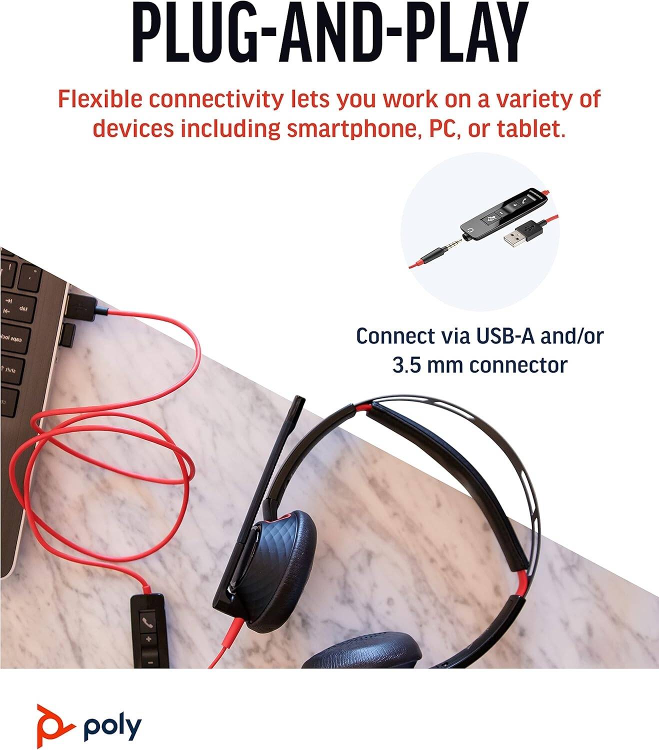 Poly Blackwire 5220 Stereo USB-A Headset, Dual Ear (Stereo) Computer Headset with Boom Mic - USB-A, 3.5 mm to connect to your PC, Mac, Tablet and/or Cell Phone | 80R97AA