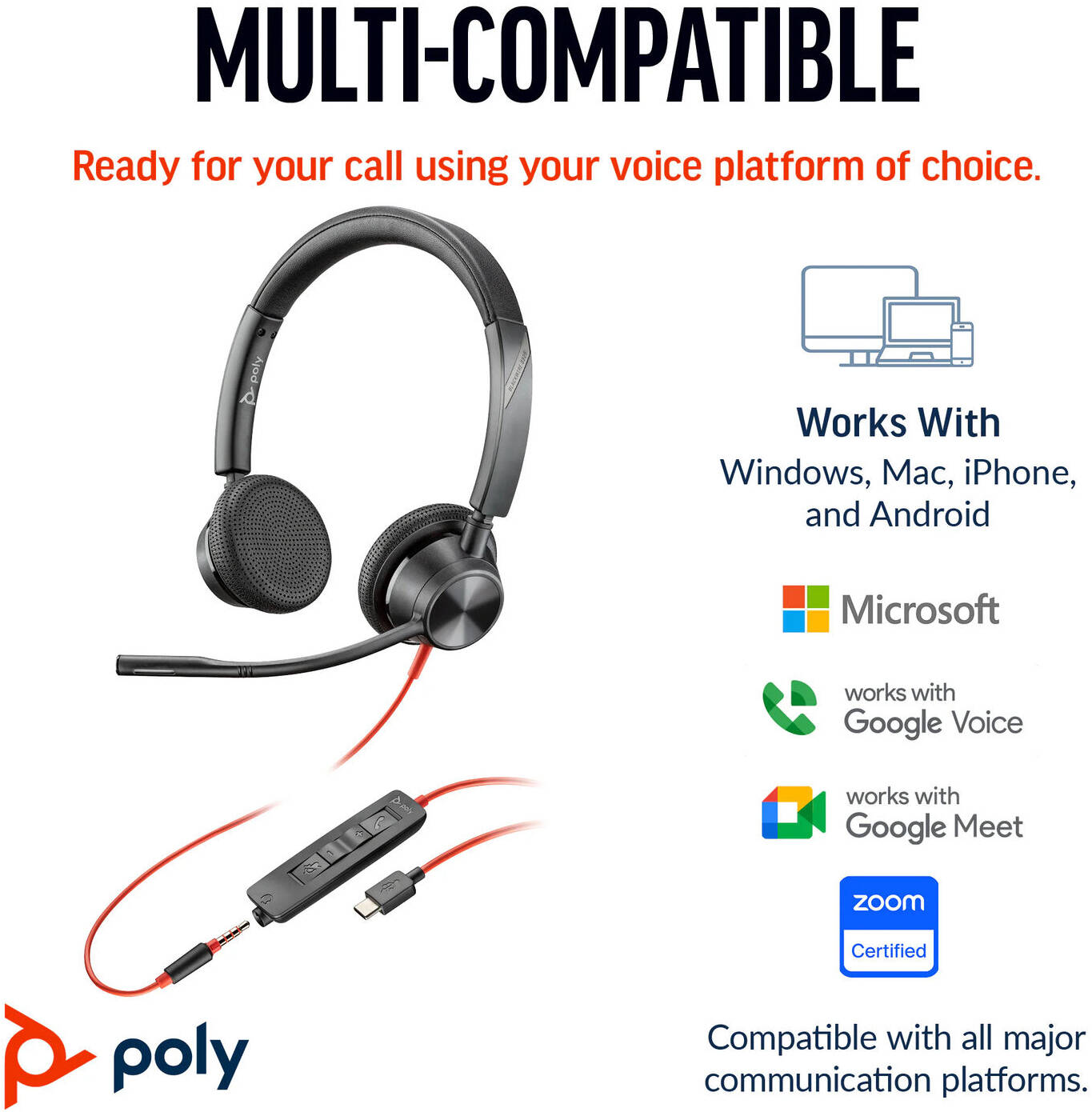 HP Poly Blackwire 3325 Stereo USB-C Headset, 3.5mm Plug, USB-C/A Adapter, Bluetooth 5.1 Binaural Headset with 24h Talk Time, Acoustic Fence 360° Noise Cancellation, 50m Range | 8X221AA
