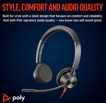 HP Poly Blackwire 3325 Stereo USB-C Headset, 3.5mm Plug, USB-C/A Adapter, Bluetooth 5.1 Binaural Headset with 24h Talk Time, Acoustic Fence 360° Noise Cancellation, 50m Range | 8X221AA