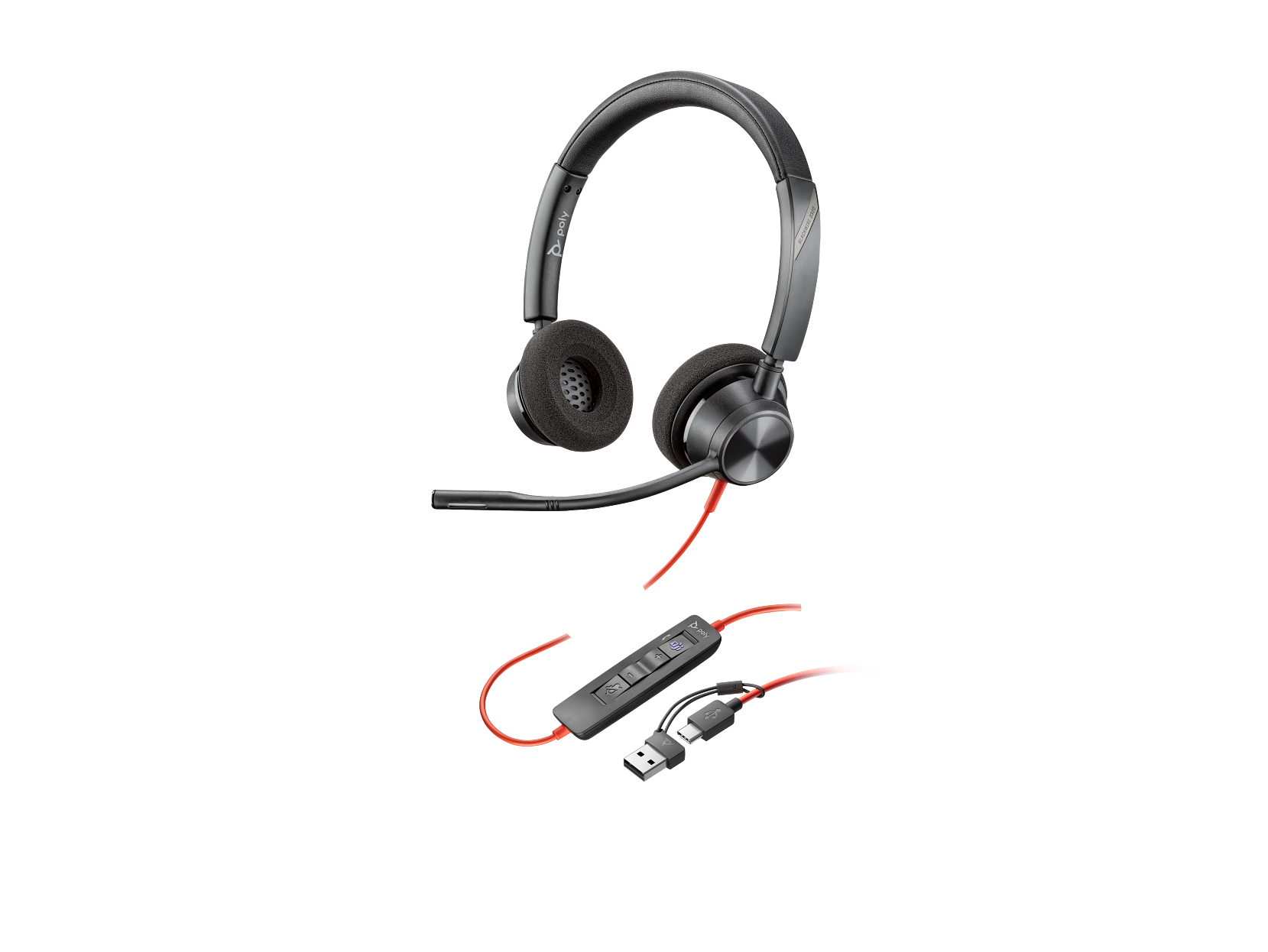 Poly Blackwire 3320 Stereo Microsoft Teams Certified USB-C Headset +USB-C/A Adapter, Noise cancelling Microphone | 8X220AA